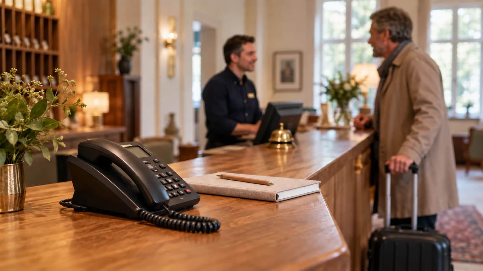 Telephone on a hotel reception counter; a male receptionist assists a male guest in the background