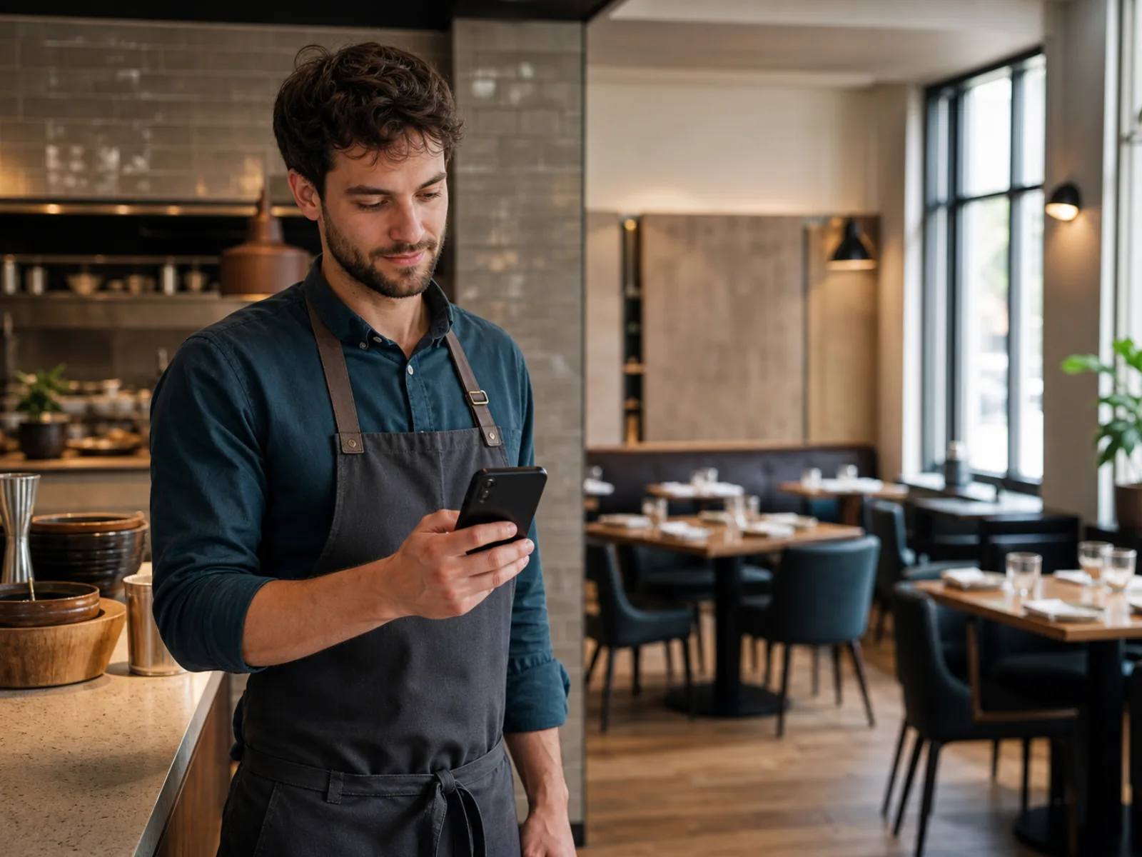 Männlicher Service-Mitarbeiter prüft vor dem Restaurantbetrieb seinen Dienstplan auf dem Smartphone
