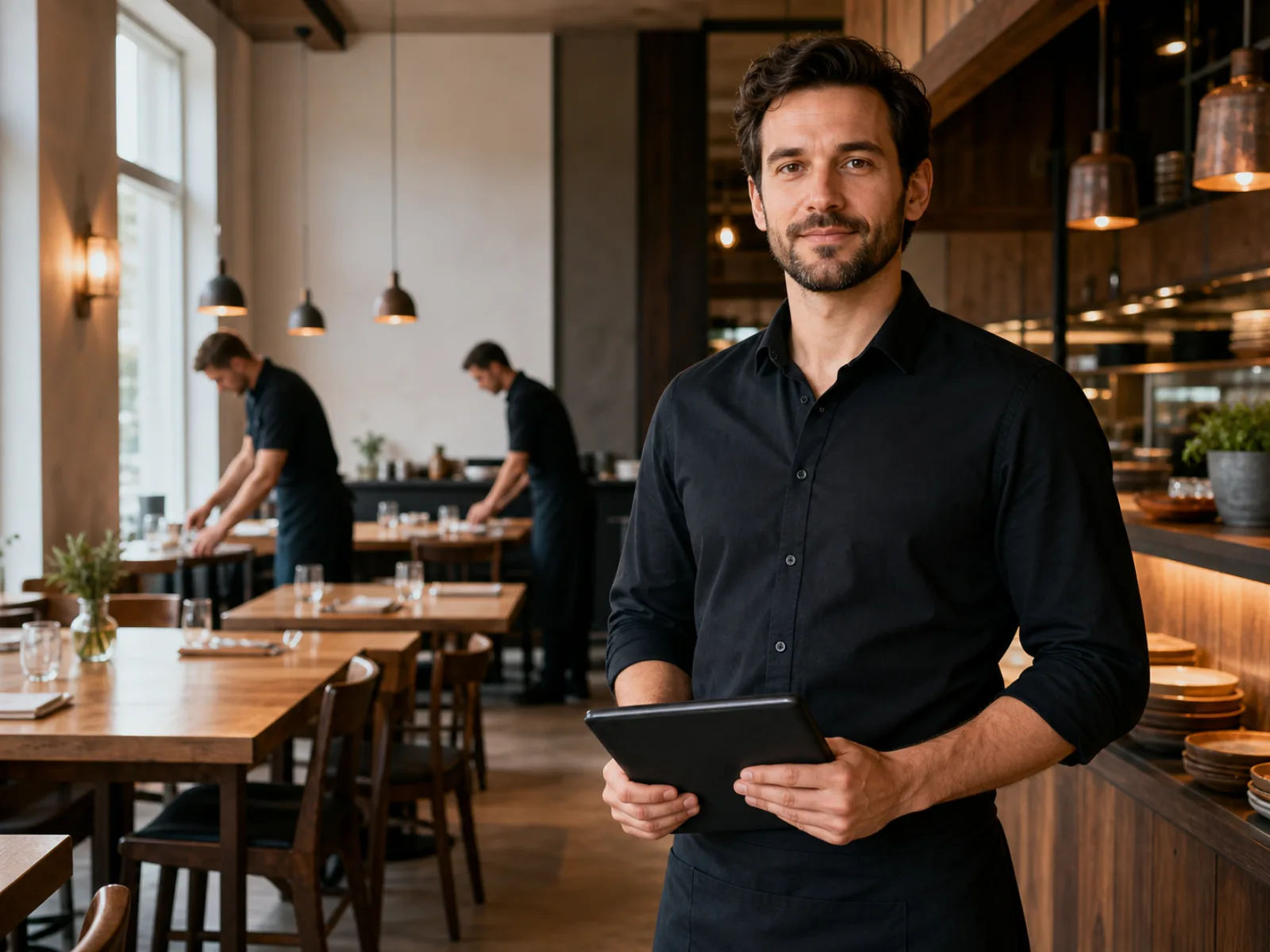 Männlicher Restaurantleiter mit Tablet vor dem Service – Dienstplan-Software für die Gastronomie