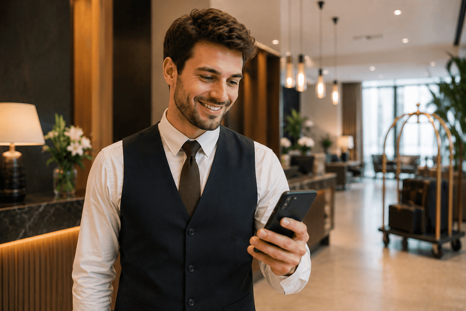 Mitarbeiter prüft seinen Dienstplan in der Shiftdesk-App in einer Hotellobby