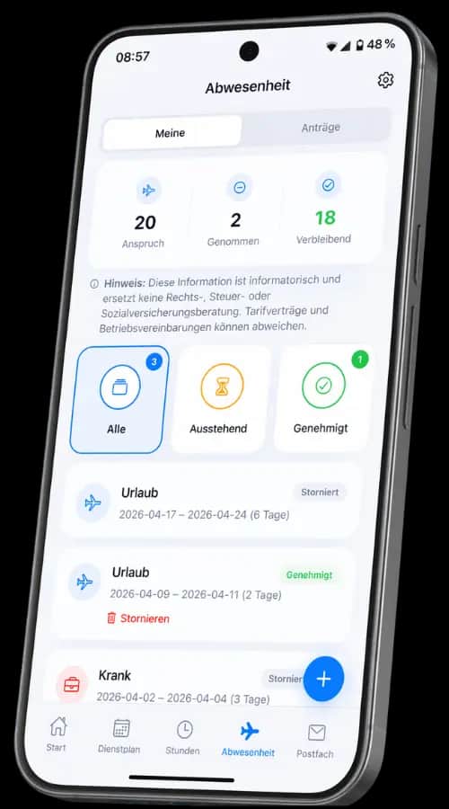 Shiftdesk Mitarbeiter-App: Urlaubskonto, verbleibende Urlaubstage und Status der Abwesenheitsanträge