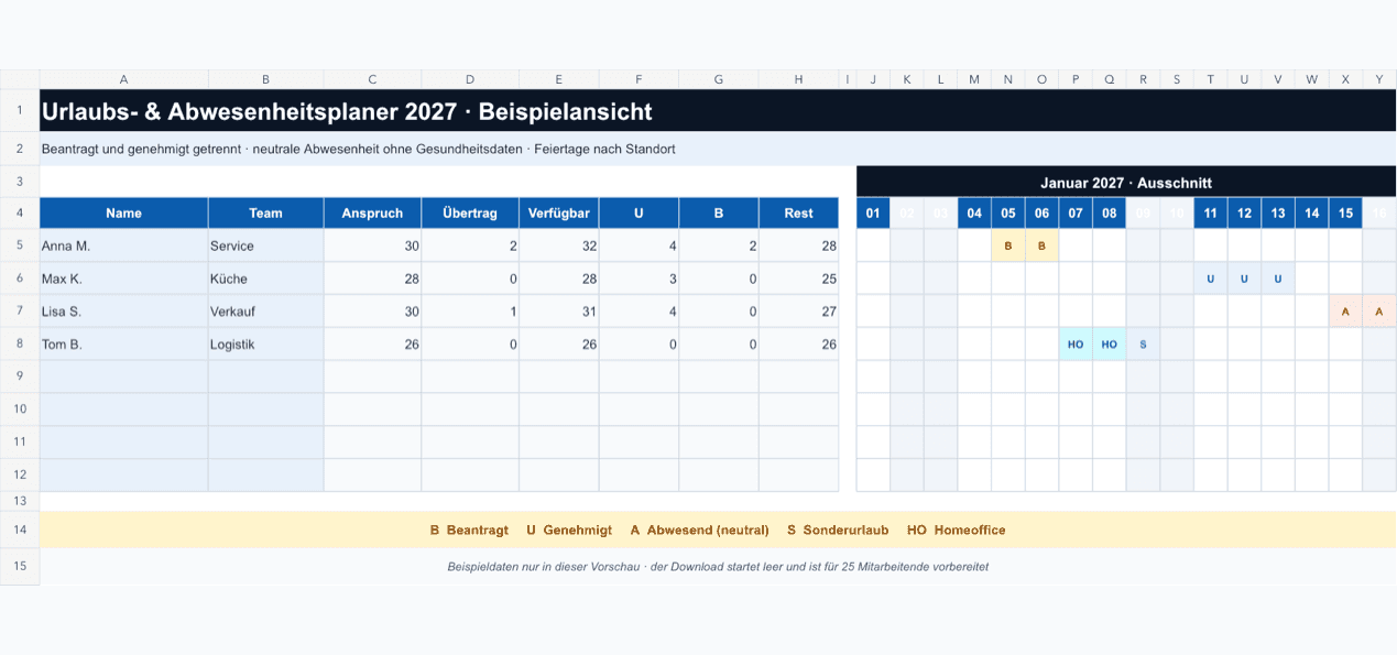 Vorschau der Shiftdesk Urlaubsplaner 2027 Vorlage als Excel-Abwesenheitsplaner