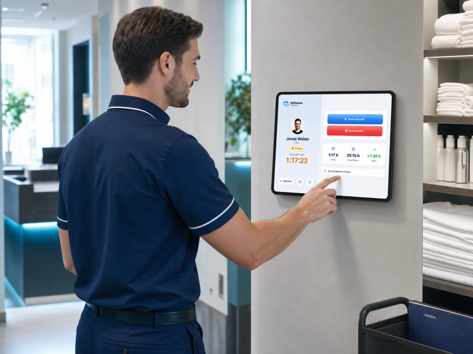 Hotel employee clocking in on the Shiftdesk tablet terminal at the staff entrance
