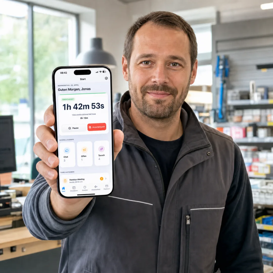 Male employee showing the Shiftdesk mobile time tracking app