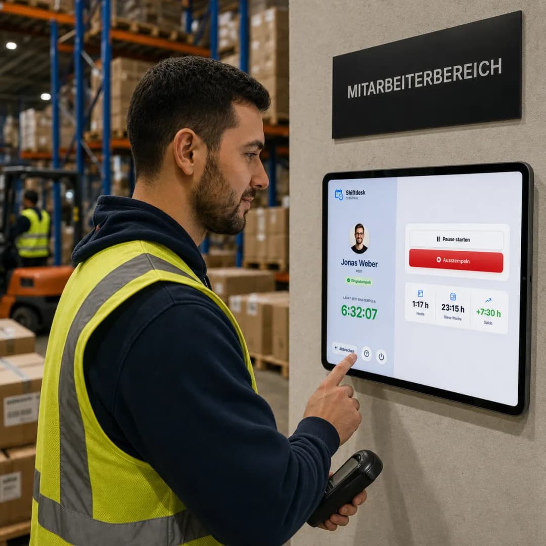Male warehouse employee clocking at the Shiftdesk tablet terminal