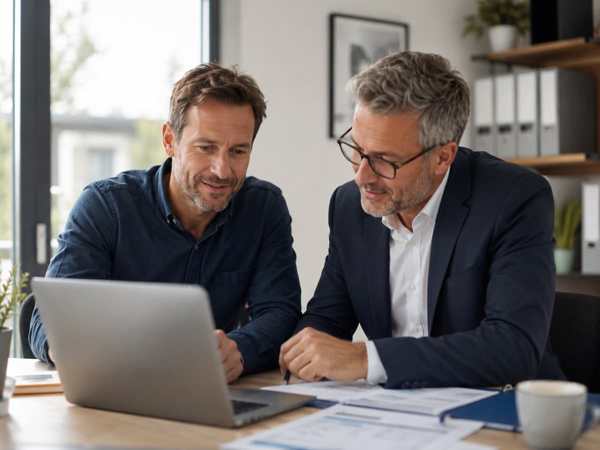 Unternehmer bespricht die digitale Lohnvorbereitung mit seinem Steuerberater am Laptop