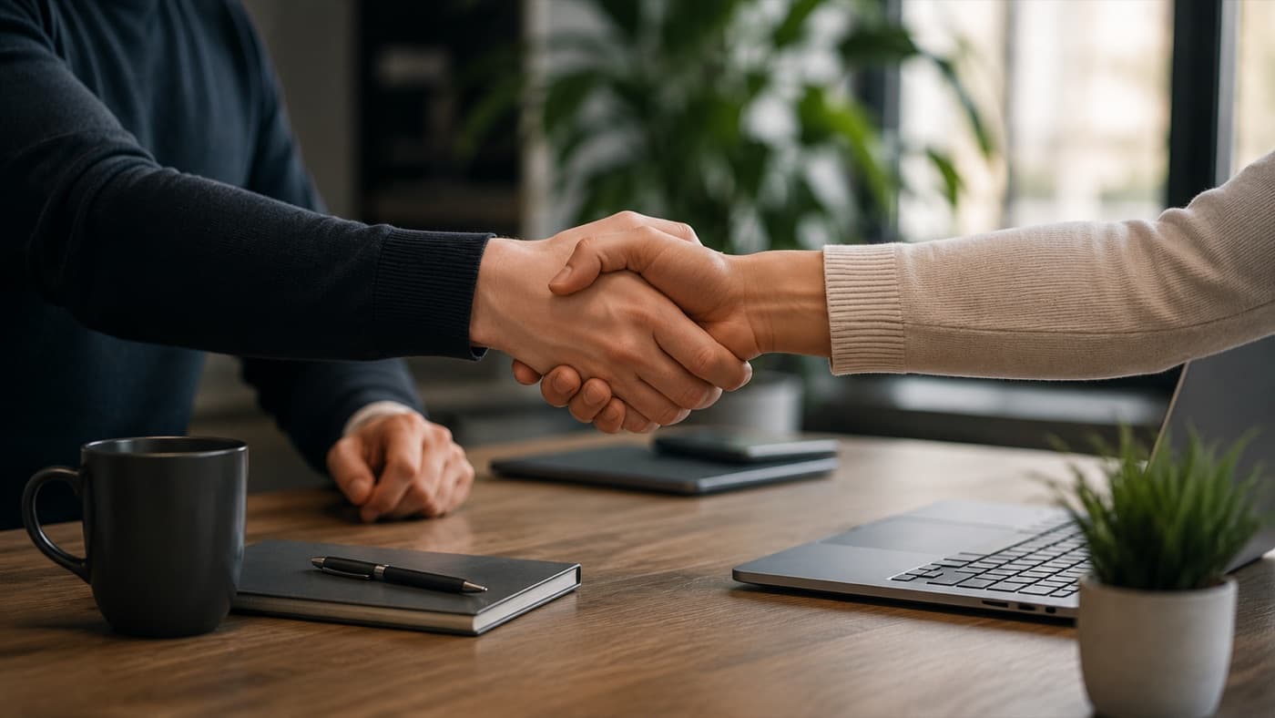 Handschlag zwischen Partner und Unternehmen am Schreibtisch
