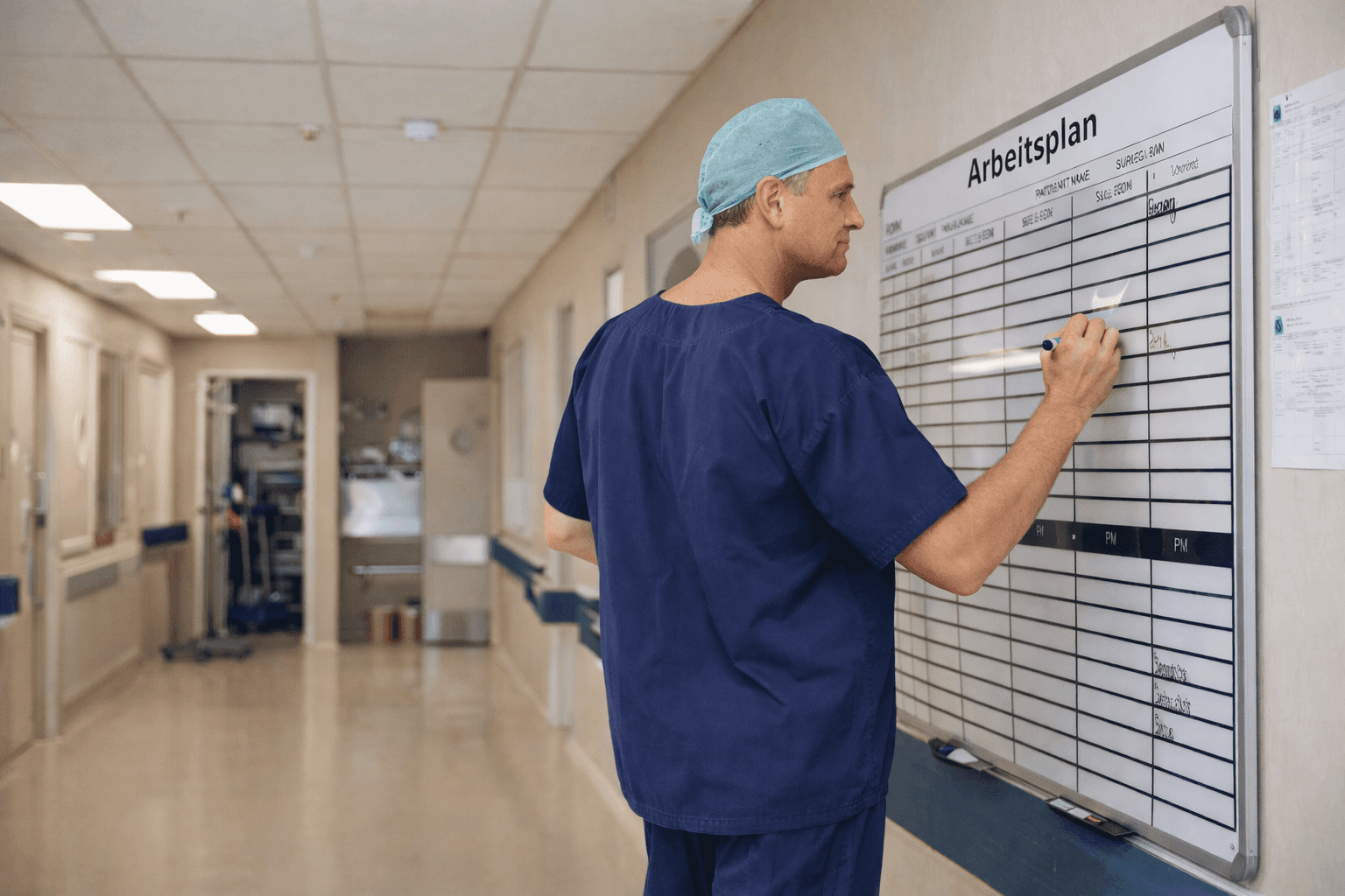 Care worker creating a staff schedule on a whiteboard