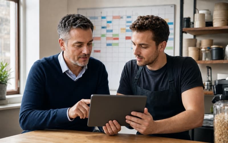 Shift manager and employee reviewing the monthly hours for payroll preparation on a tablet