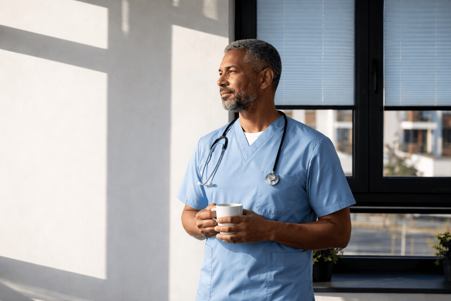 Pfleger macht Pause am Fenster — Ruhezeiten im Schichtbetrieb