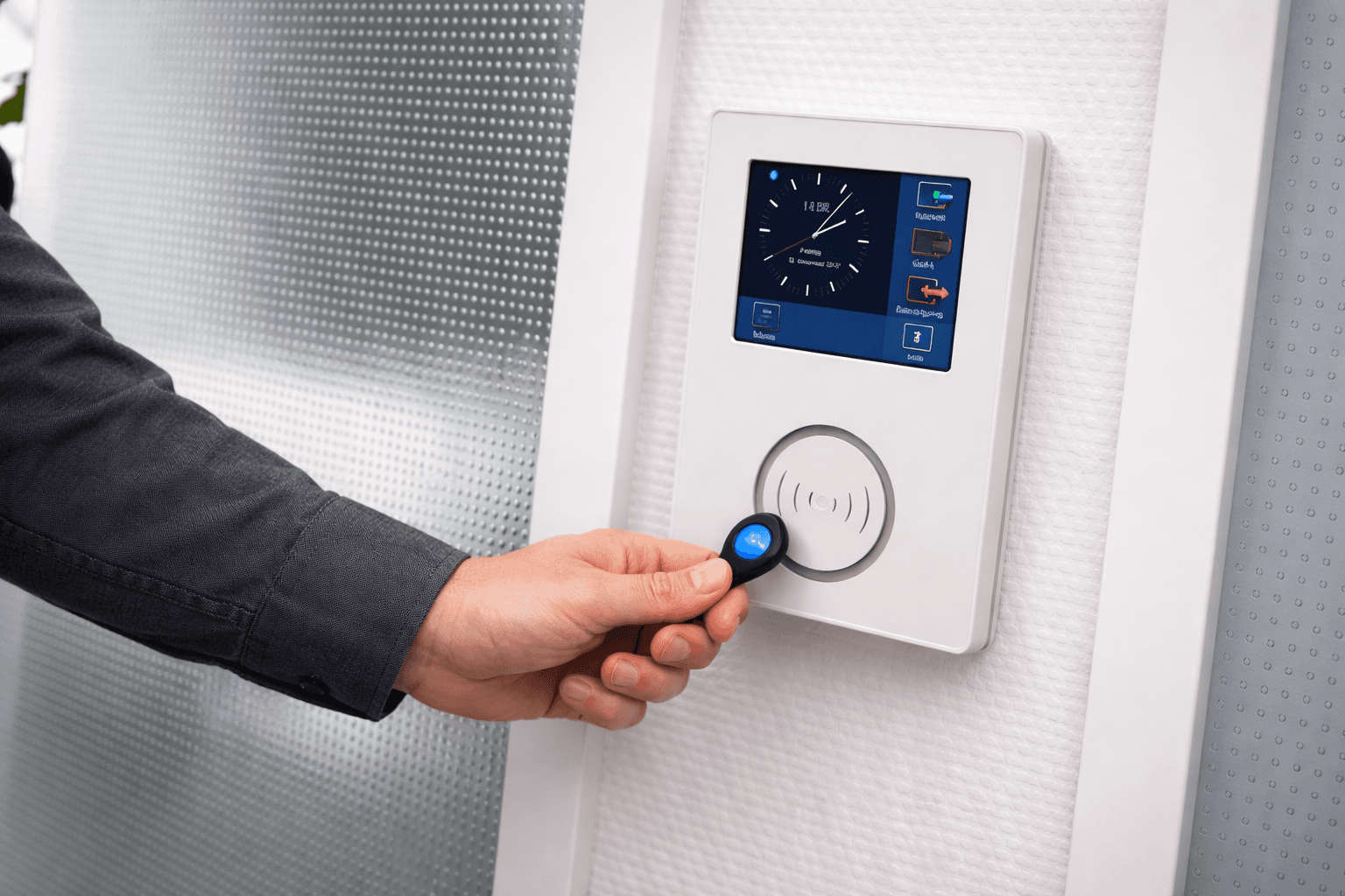 Hand hält Chip an digitale Stempeluhr – Zeiterfassung am Terminal