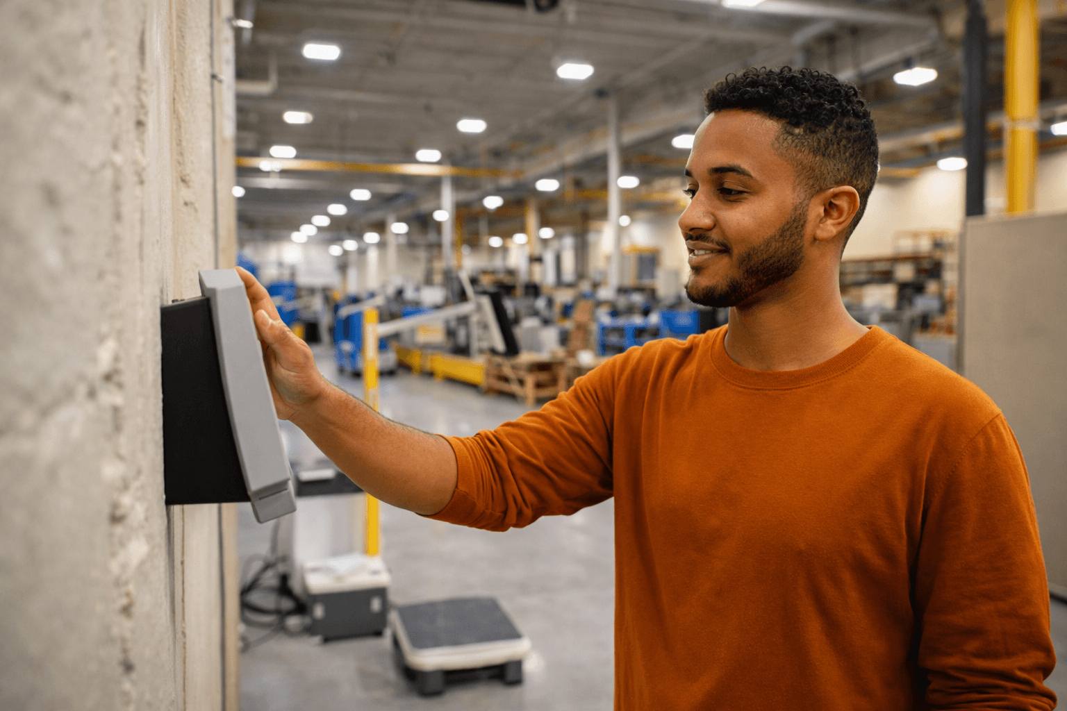 Digitale Stempeluhr im Lager – Mitarbeiter stempelt am Terminal