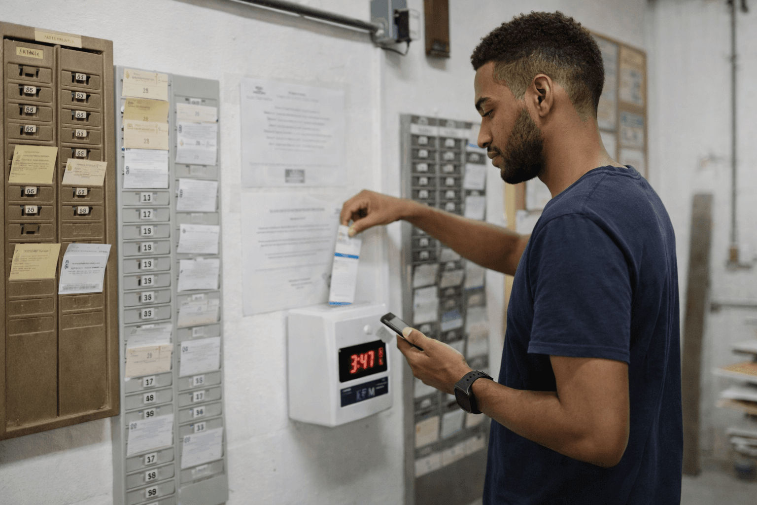 Mitarbeiter nutzt klassische Stempeluhr – Vergleich digital vs. Hardware