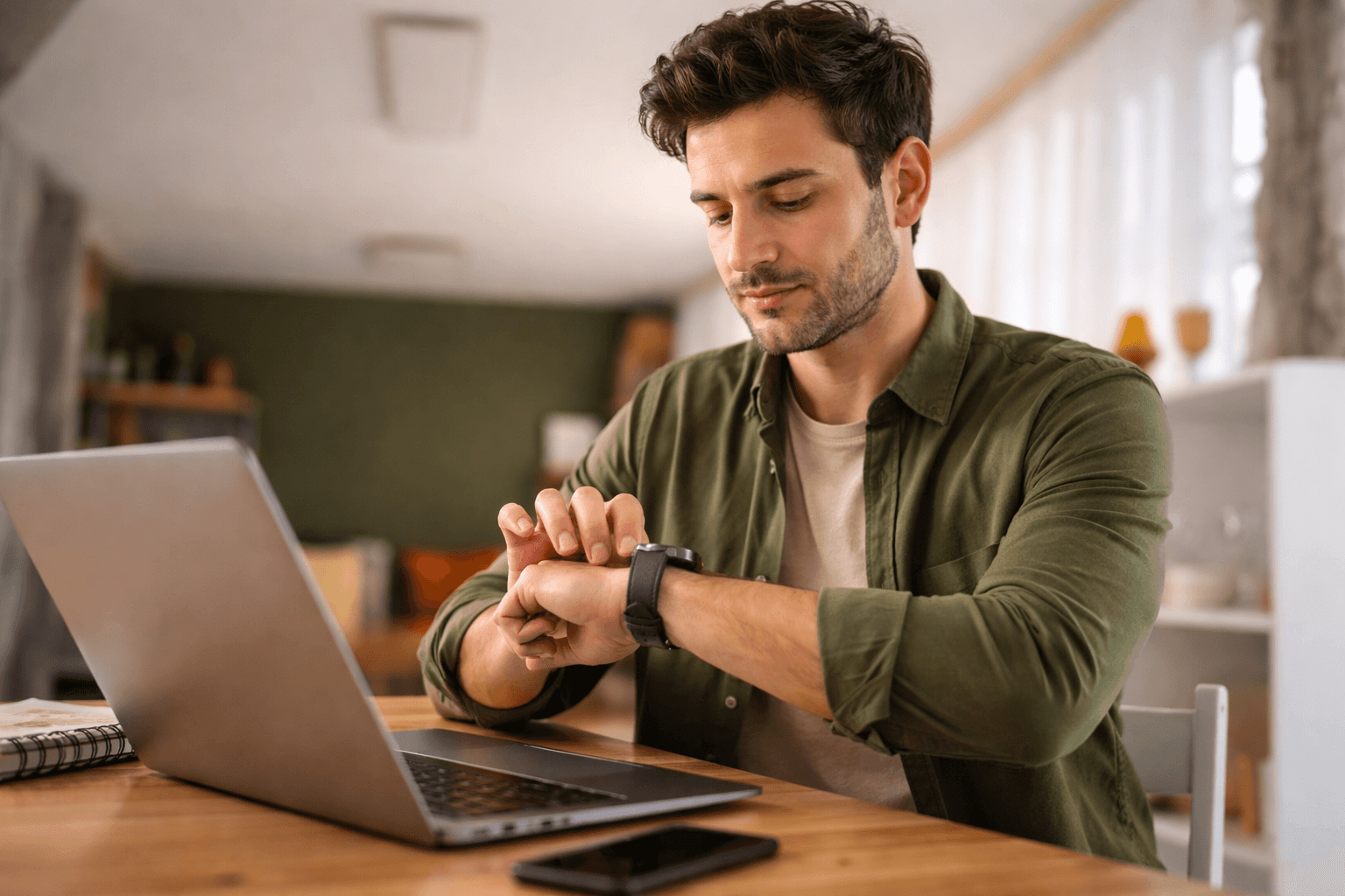 Man checking working time on a smartwatch – time tracking software
