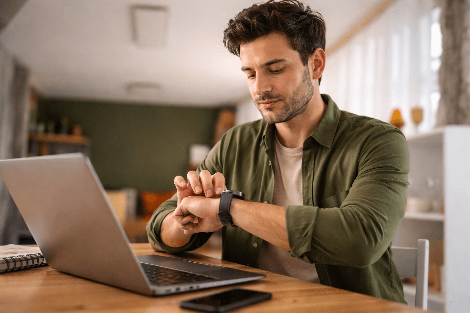 Mann prüft Arbeitszeit auf Smartwatch – Zeiterfassung Software