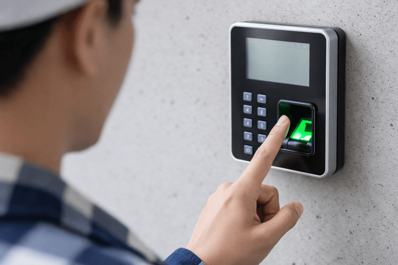 Mitarbeiter nutzt digitales Zeiterfassungsterminal am Arbeitsplatz