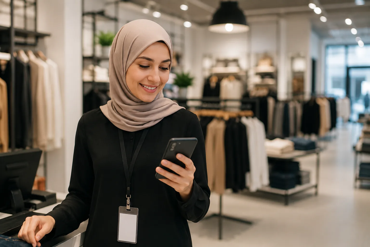 Retail employee wearing a headscarf checking her schedule on a smartphone in a store