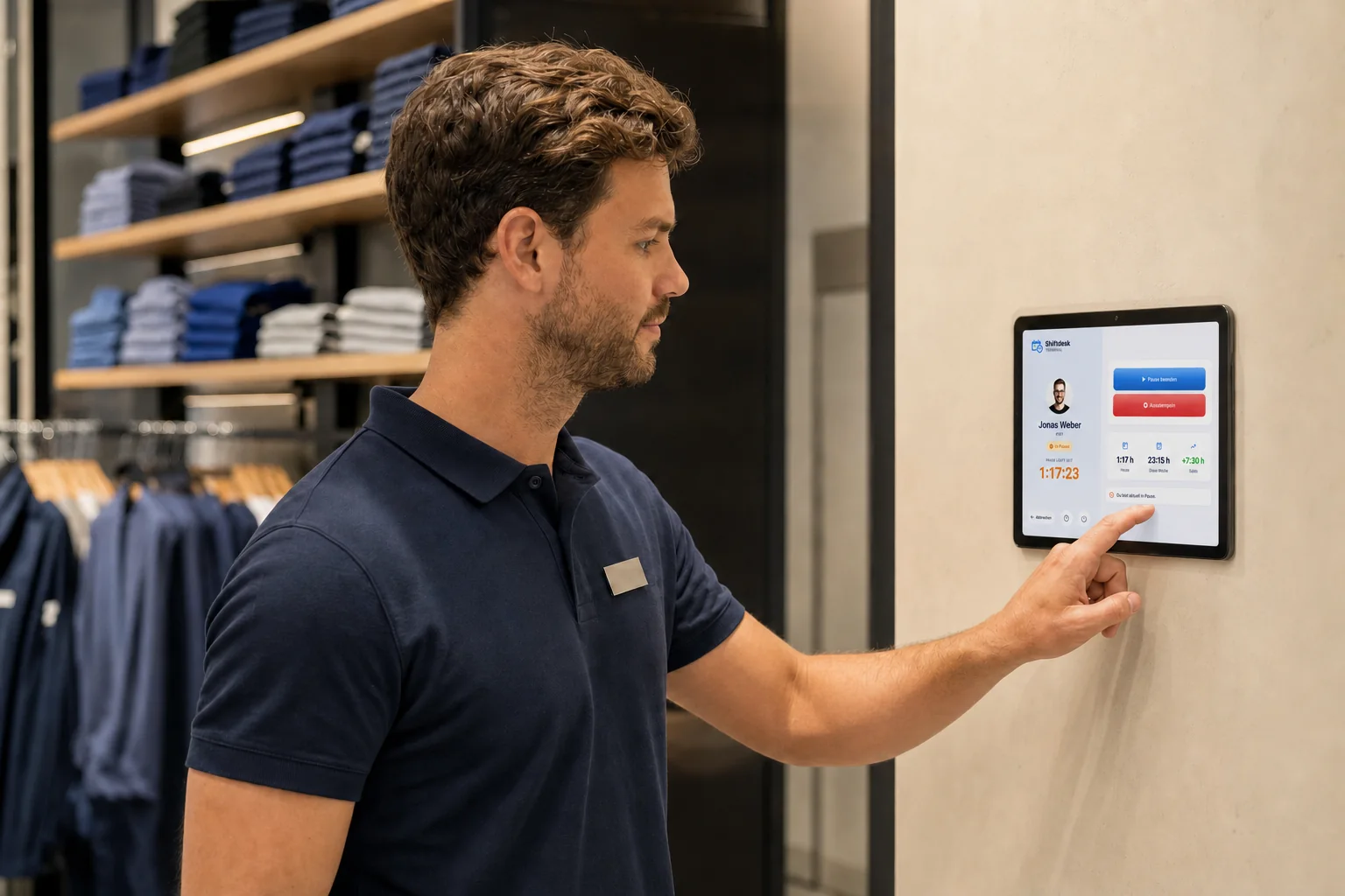Male retail employee recording working time at a tablet terminal