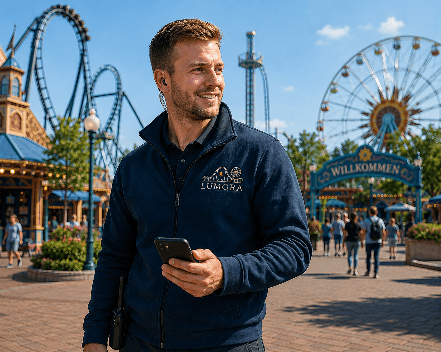 Freizeitpark-Mitarbeiter prüft seinen Stationsplan in der Shiftdesk-App vor den Attraktionen