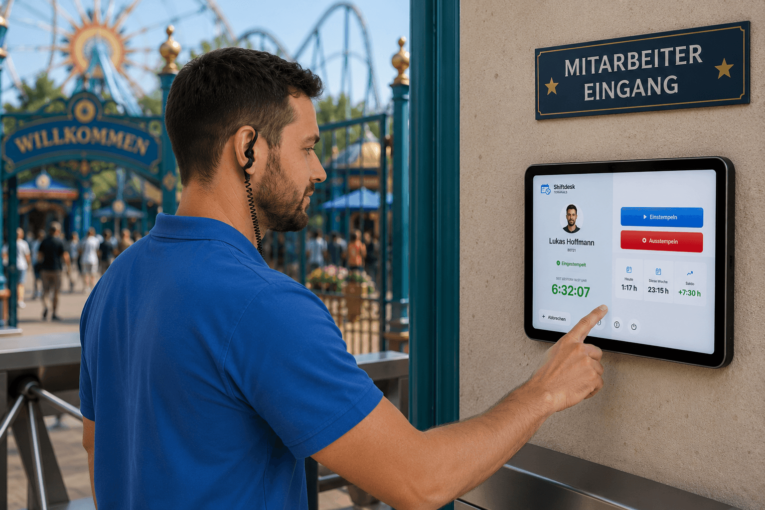 Freizeitpark-Mitarbeiter stempelt zur Zeiterfassung an der Tablet-Stempeluhr am Mitarbeiter-Eingang