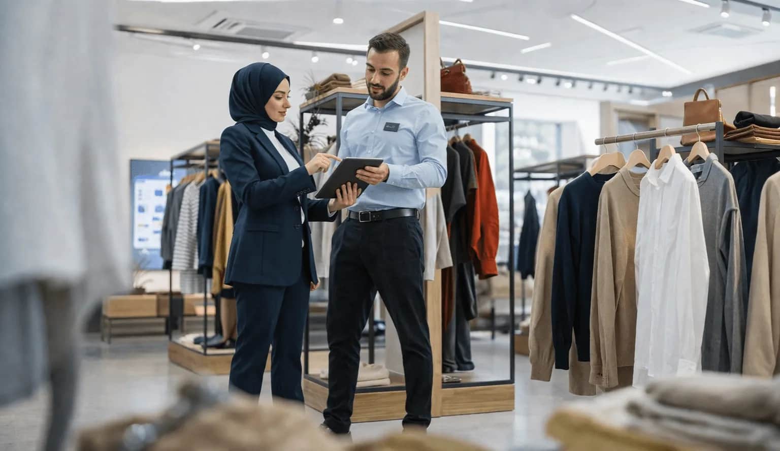 Store manager and employee wearing a headscarf planning retail staffing together