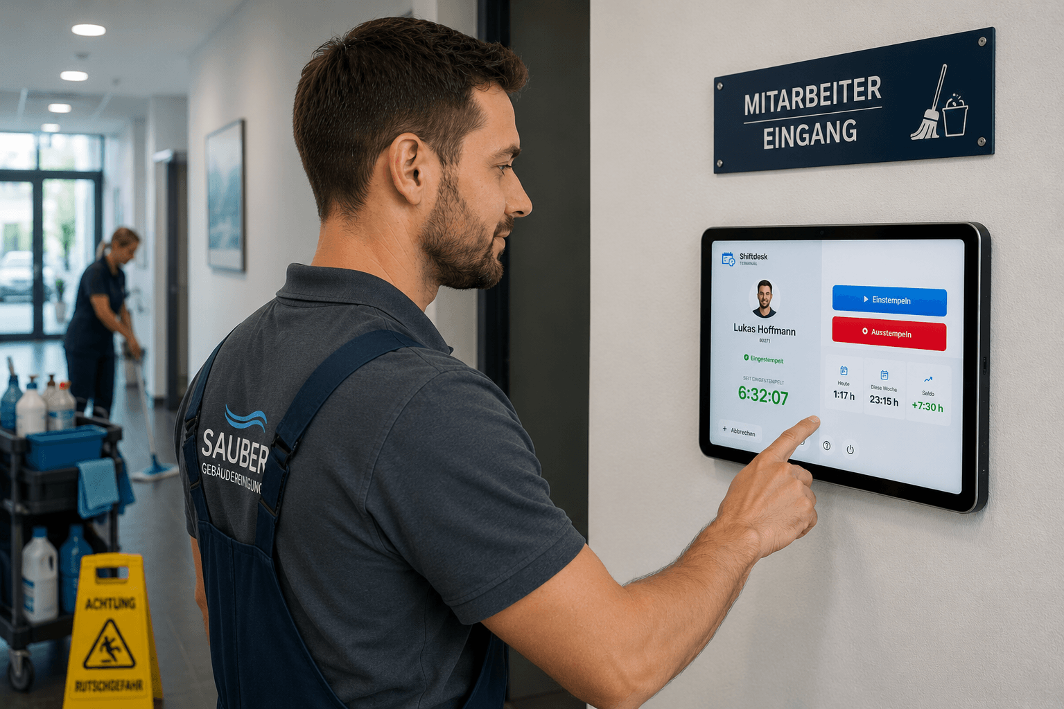 Reinigungskraft stempelt zur Zeiterfassung an der Tablet-Stempeluhr am Objekt-Eingang