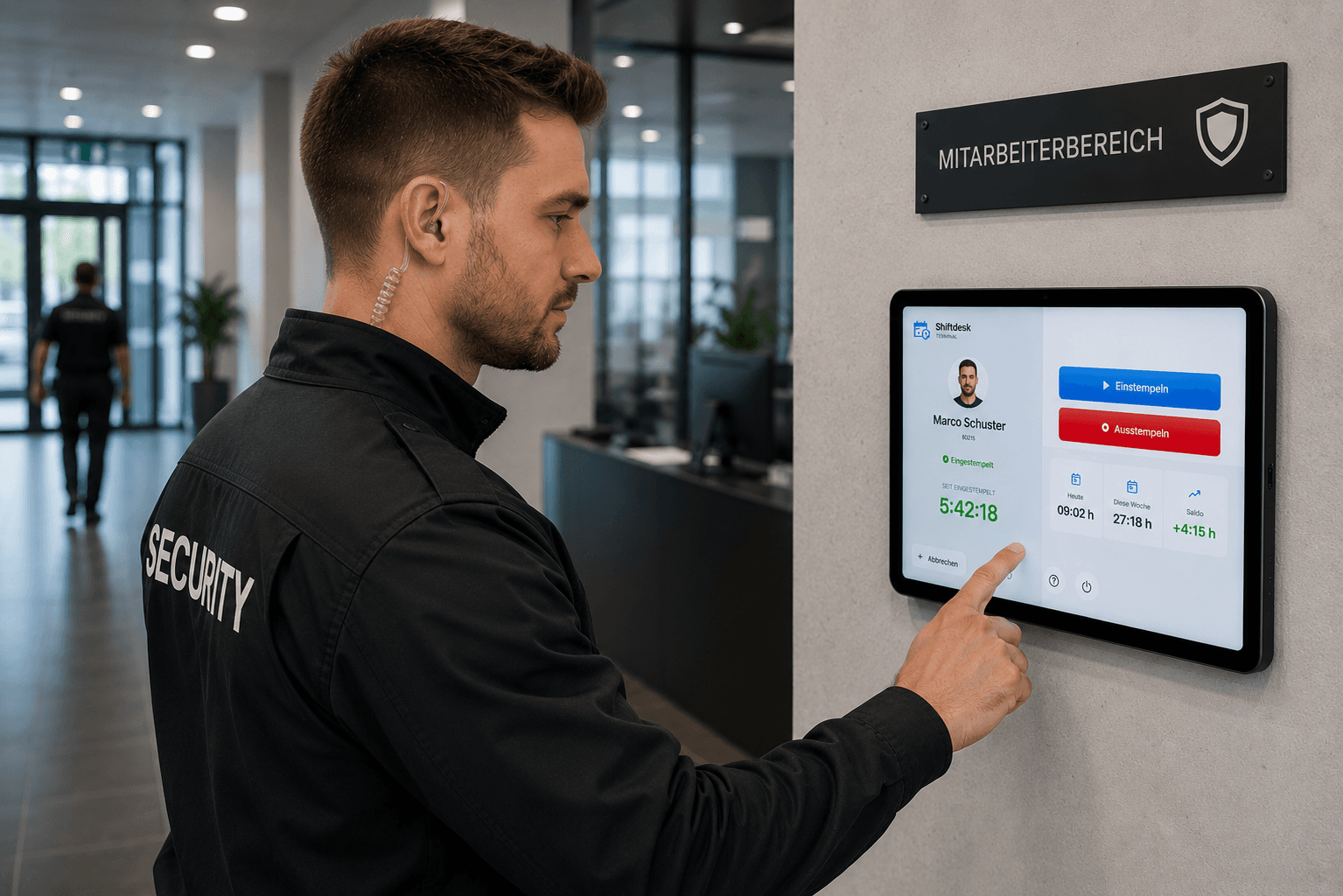 Sicherheitsmitarbeiter stempelt zur Zeiterfassung an der Tablet-Stempeluhr im Mitarbeiterbereich des Objekts