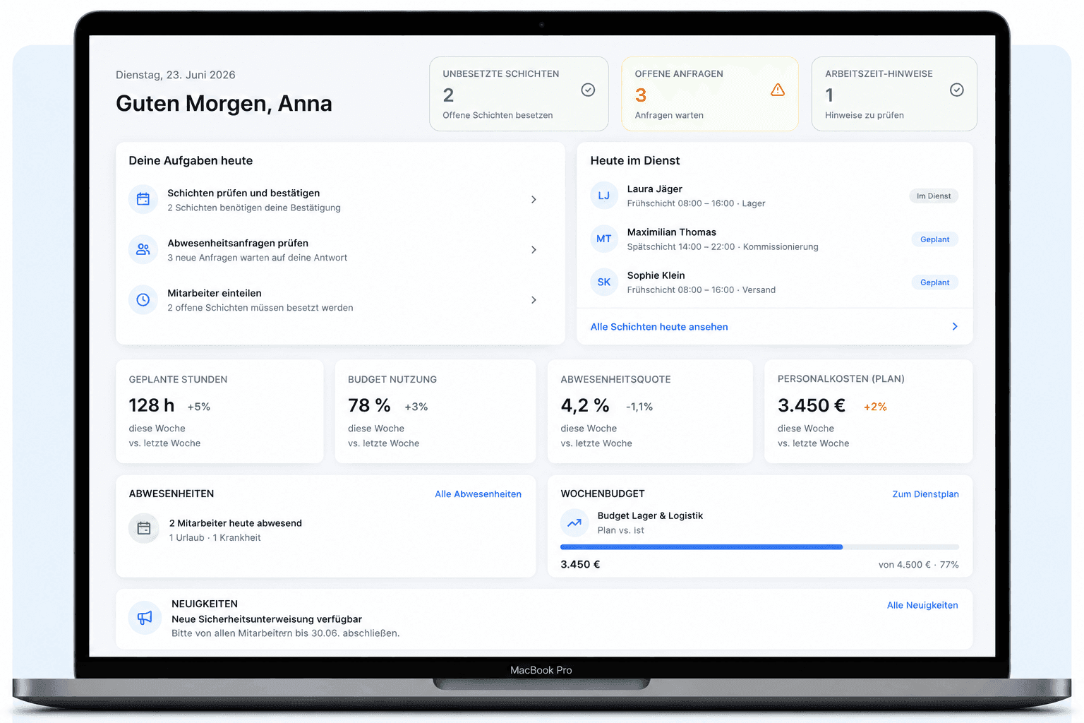 Auswertungs-Dashboard für Sicherheitsdienste mit Einsatzstunden und Nachtzuschlägen in Shiftdesk