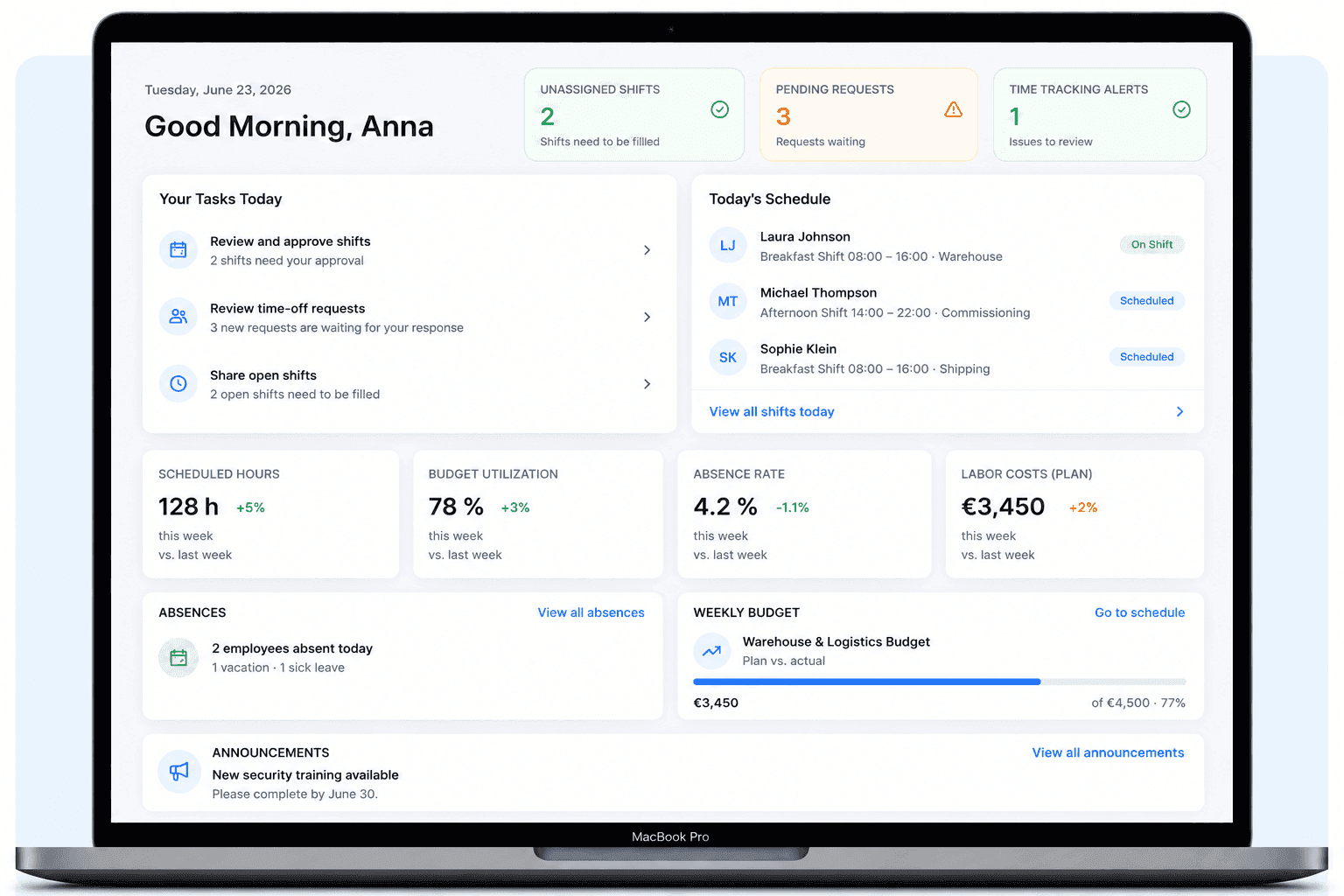 Shiftdesk dashboard with planned hours, labor costs and absences