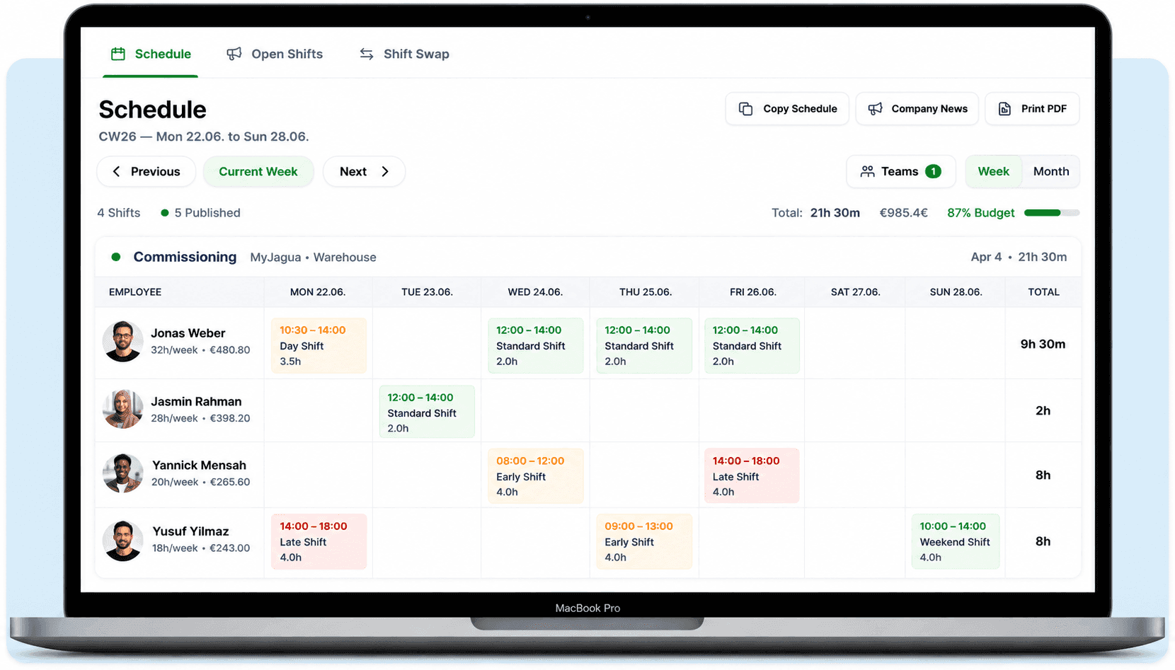 Shiftdesk employee scheduling software with weekly view, shifts and working-time alerts