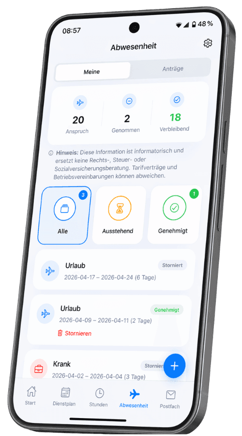 Real Shiftdesk app view showing absences and a leave balance