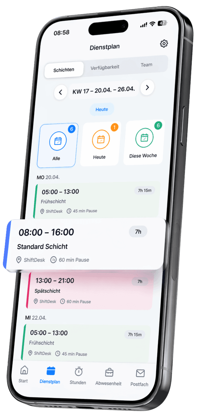 Real Shiftdesk employee app showing a personal schedule with early and late shifts