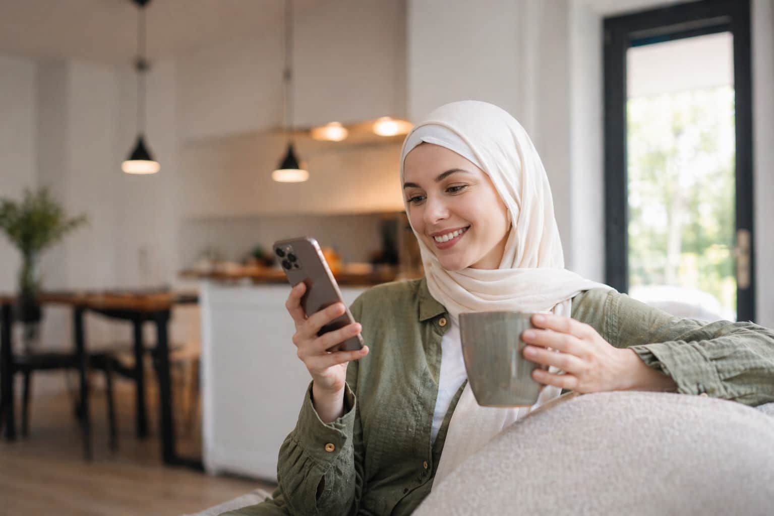 Employee sitting relaxed at home with coffee, requesting time off in the Shiftdesk app