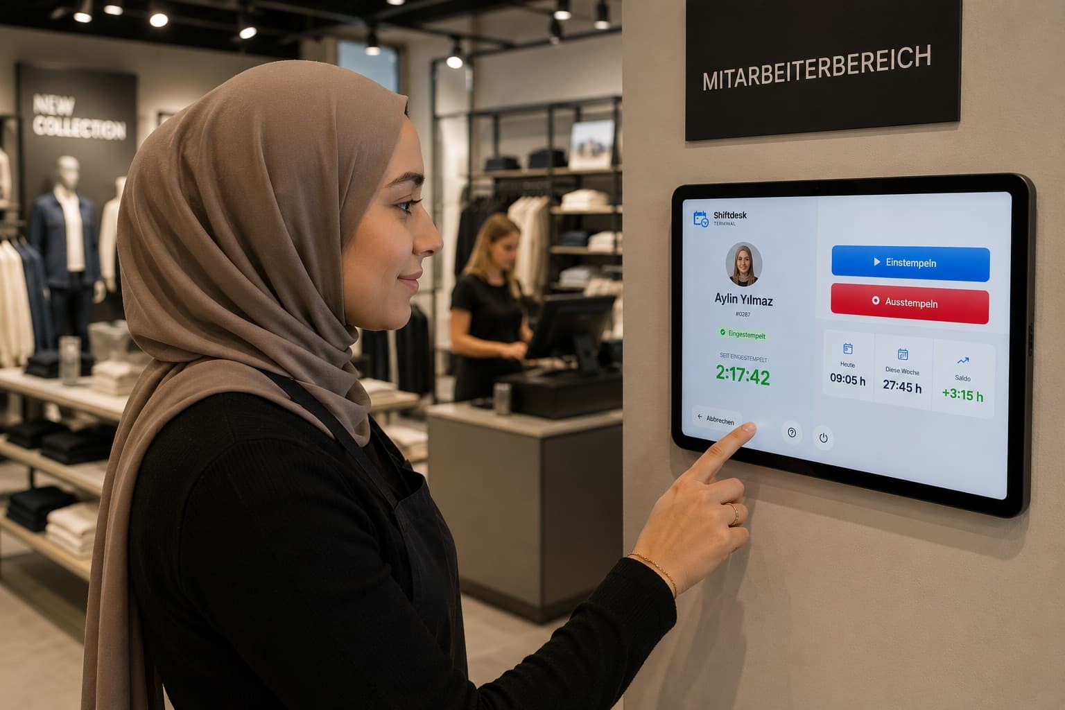Tablet-Stempeluhr im Einzelhandel – Mitarbeiterin stempelt am Terminal im Mitarbeiterbereich