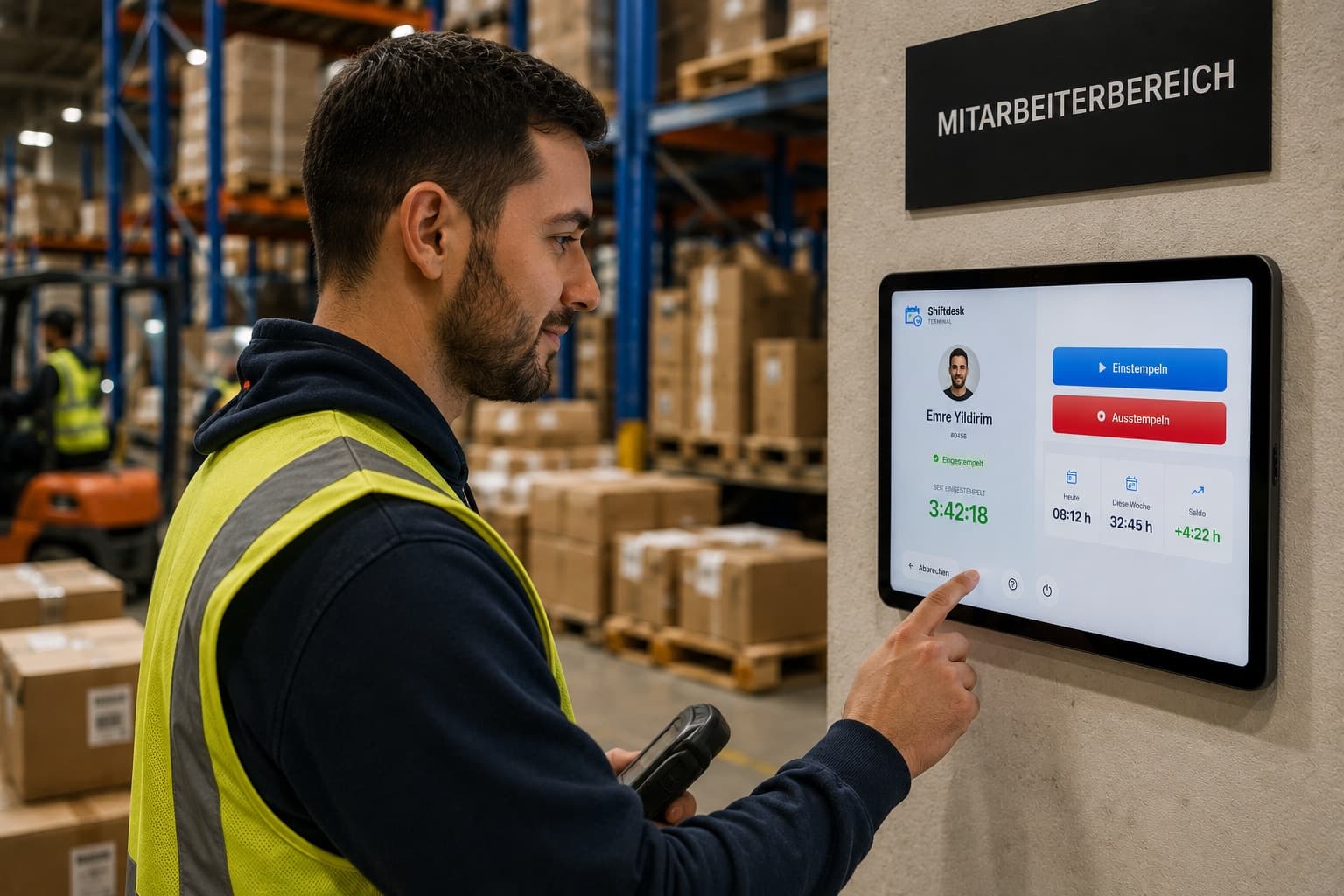 Shiftdesk Terminal im Dauerbetrieb – fest montierte Tablet-Stempeluhr im Logistikzentrum