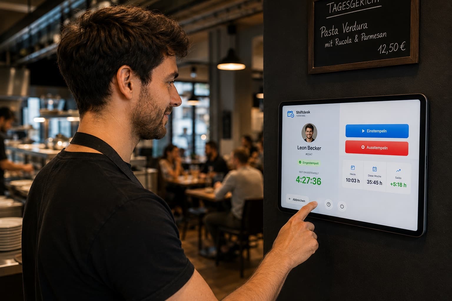 Tablet-Stempeluhr im Restaurant – Mitarbeiter stempelt am Shiftdesk Terminal an der Wand