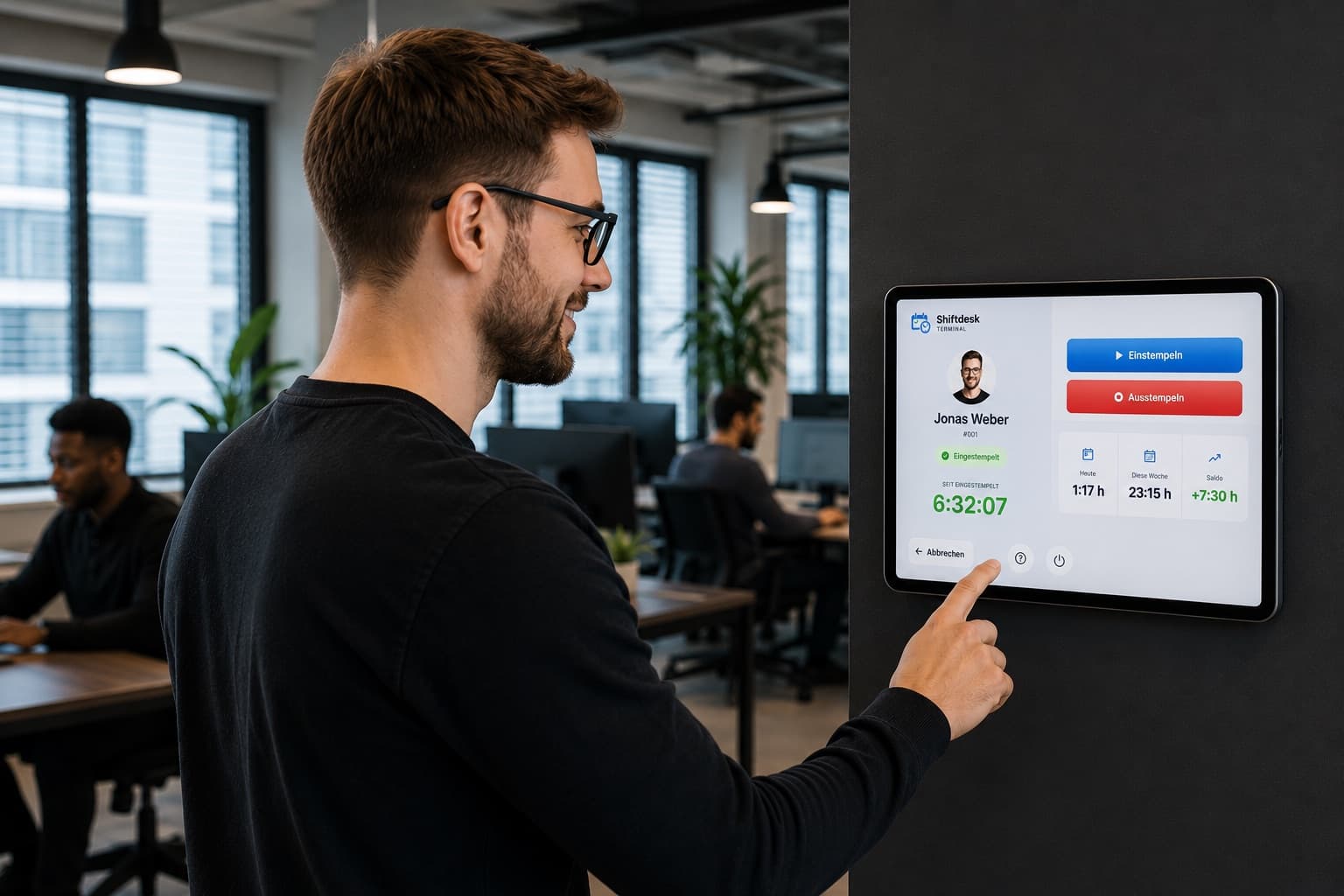 Mitarbeiter stempelt sich an der Tablet-Stempeluhr Shiftdesk Terminal an der Bürowand ein