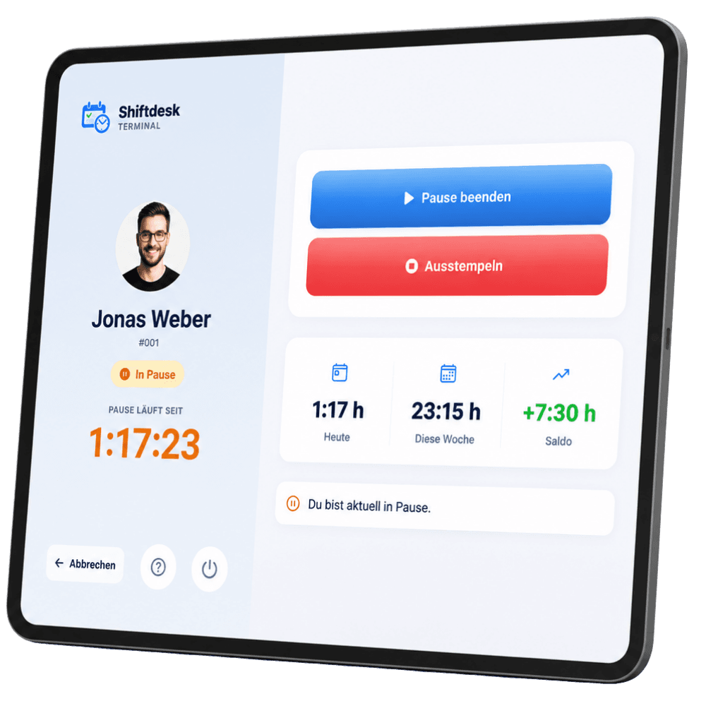 Shiftdesk Terminal – laufende Pause mit sichtbarer Pausenzeit auf der Tablet-Stempeluhr