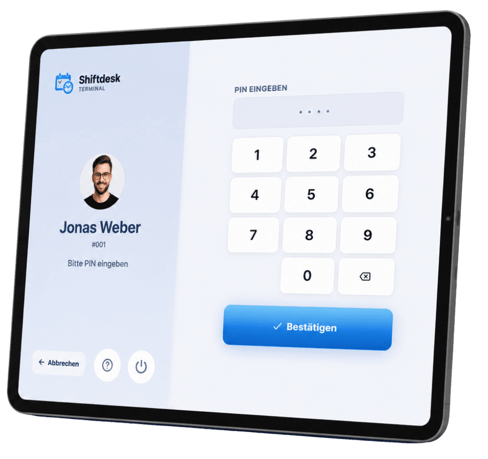 Tablet-Stempeluhr Shiftdesk Terminal – Mitarbeiter bestätigt mit persönlicher PIN auf dem iPad