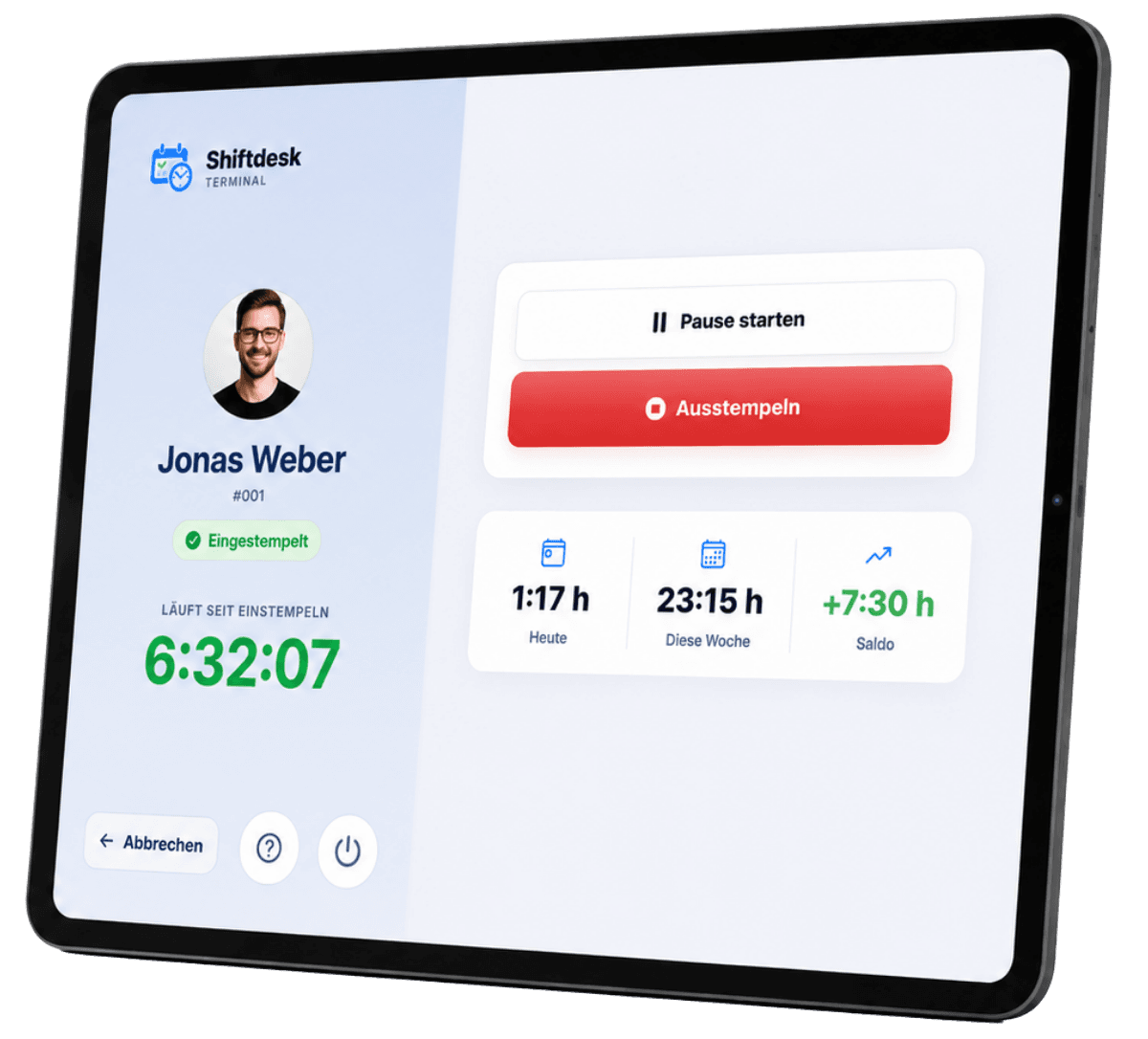 Shiftdesk Terminal – persönliche Übersicht mit Tagesstunden, Wochenstunden und Stundensaldo