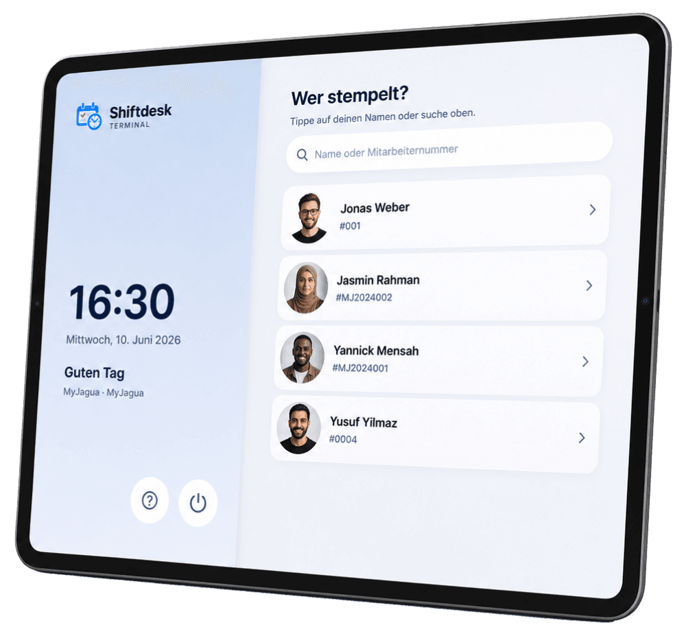 Shiftdesk Terminal – Mitarbeiterliste mit Suche und Schnellauswahl auf dem Tablet