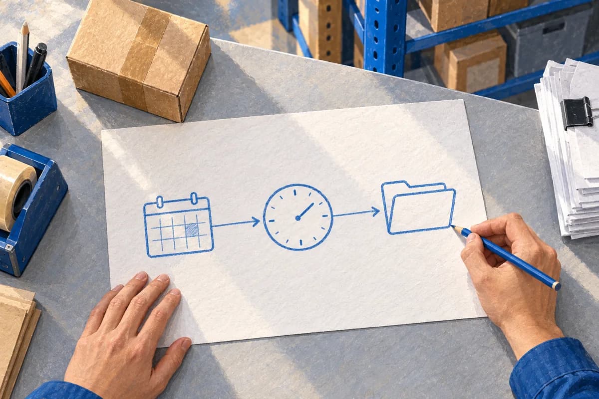 Illustration of a sketch connecting a calendar, clock and document folder into one process
