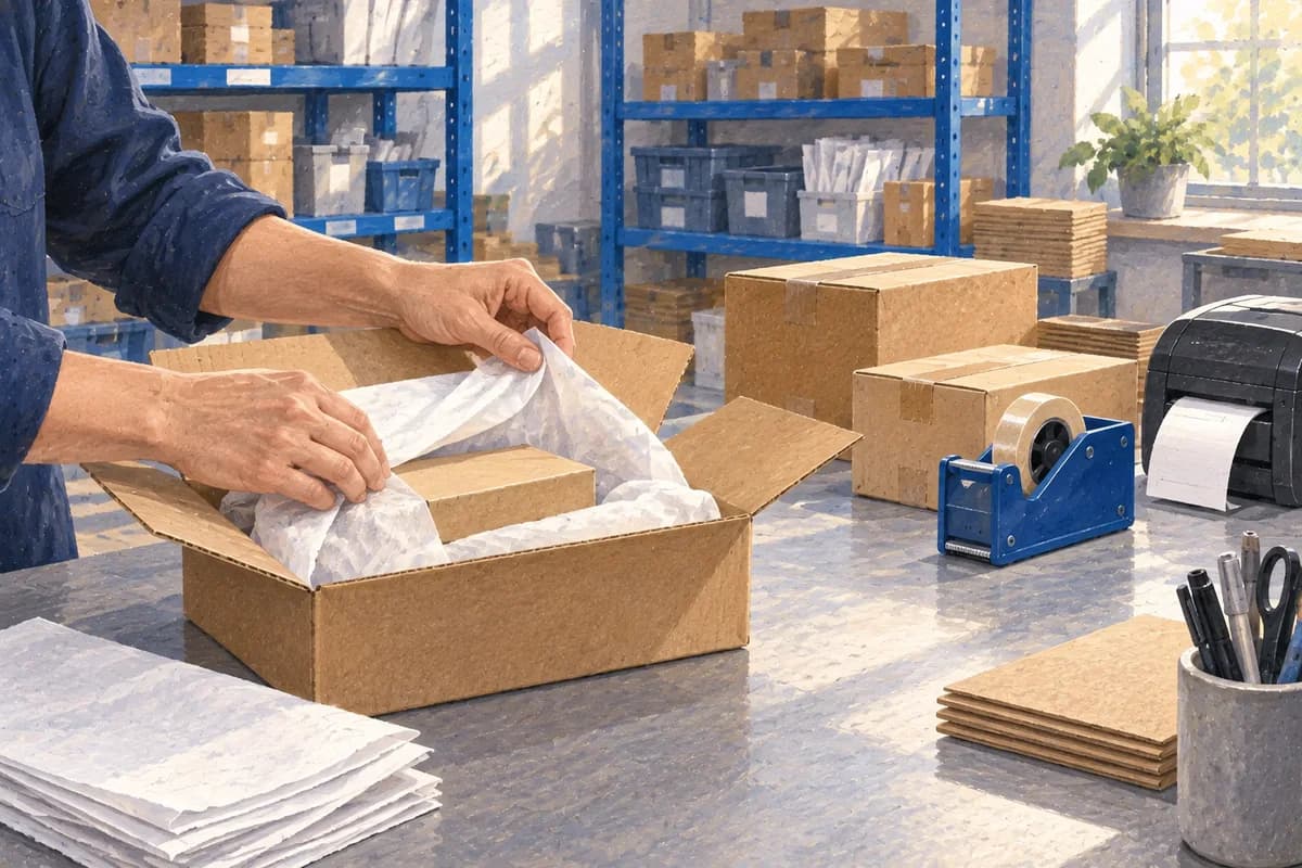 Illustration of hands packing an order at a warehouse packing station