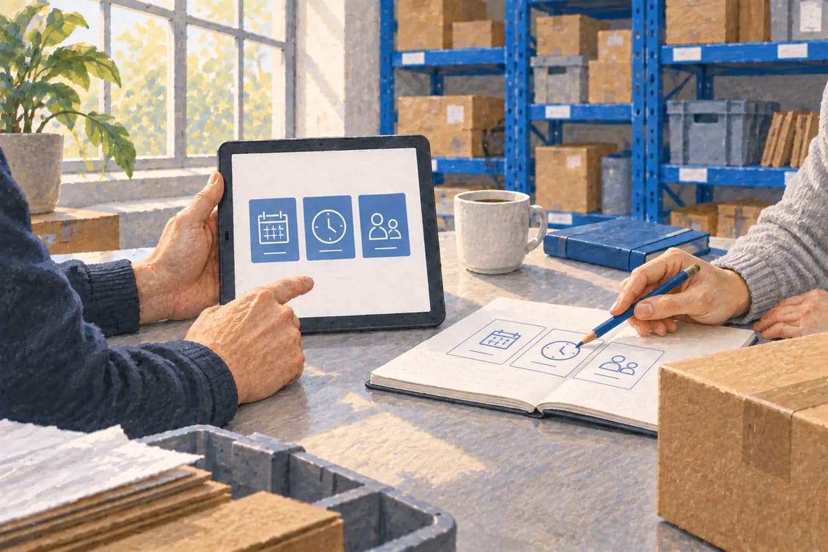 Illustration of a collaborative review of simple planning, time and team concepts on a tablet and paper