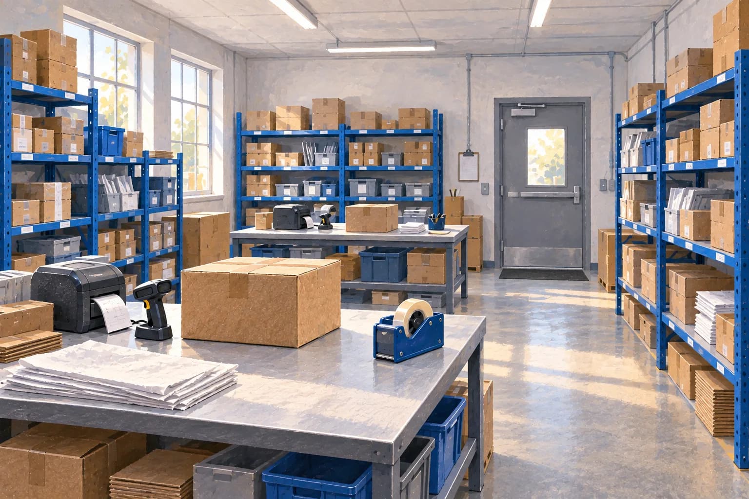 Illustration of a warehouse with blue shelving, parcels and two packing stations