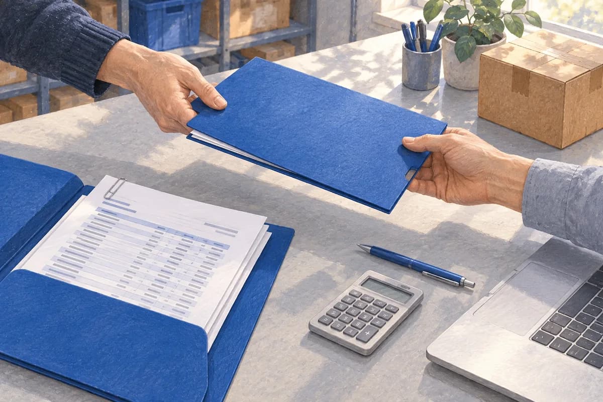 Illustration of a blue document folder being handed over beside prepared paperwork and a laptop