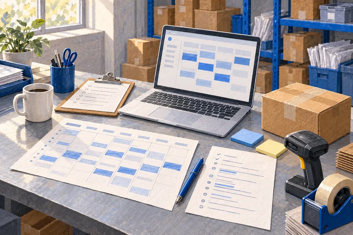 Illustration of a warehouse desk with paper schedules, notes and a laptop