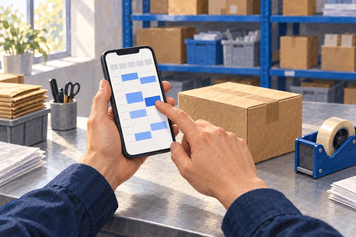 Illustration of hands holding a smartphone with a schematic calendar at a packing station