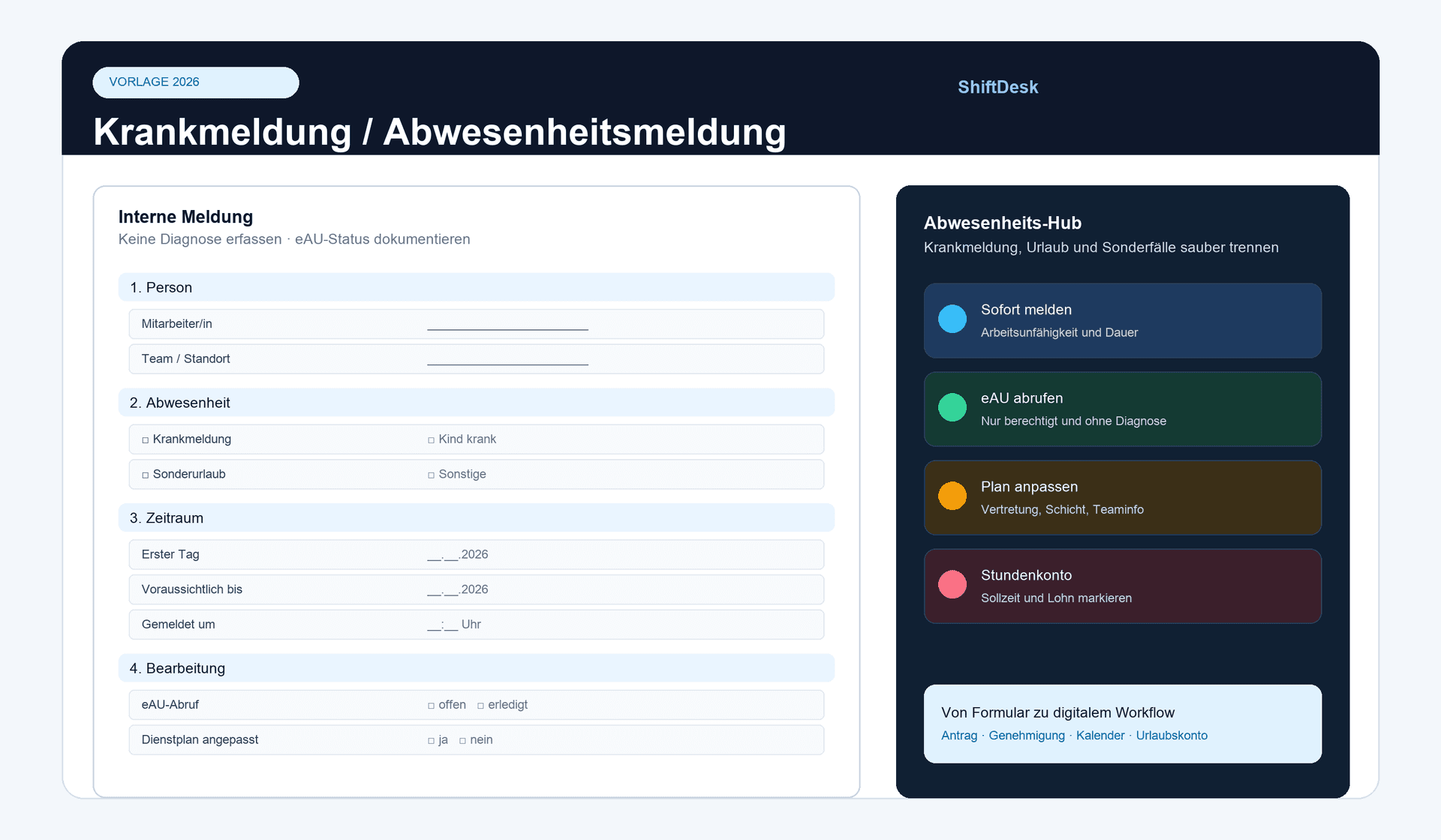 Vorschau der Shiftdesk Krankmeldung und Abwesenheitsmeldung Vorlage 2026