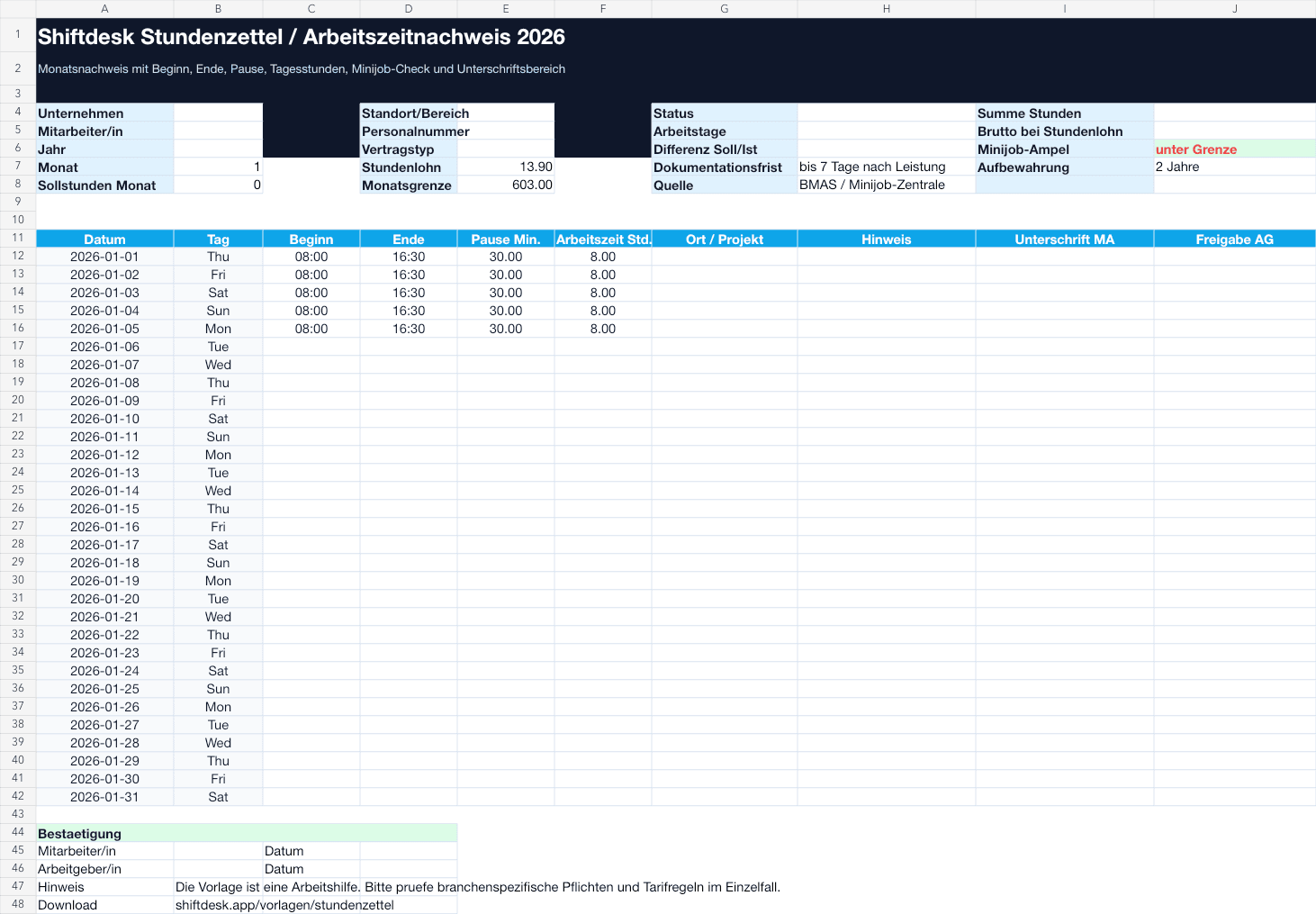 Vorschau der Shiftdesk Stundenzettel Vorlage 2026 als Excel-Arbeitszeitnachweis